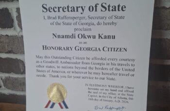 Certificate showing Nnamdi Okwu Kanu awarded Honorary Citizenship of the State of Georgia