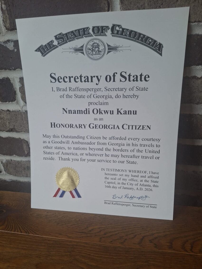 Certificate showing Nnamdi Okwu Kanu awarded Honorary Citizenship of the State of Georgia