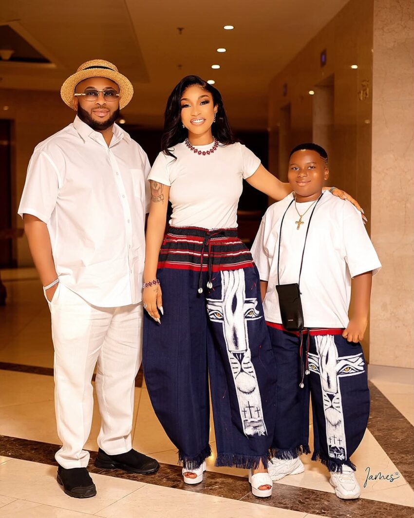 Tonto Dikeh and Olakunle Churchill pose with their son King Andre for his 10th birthday photos