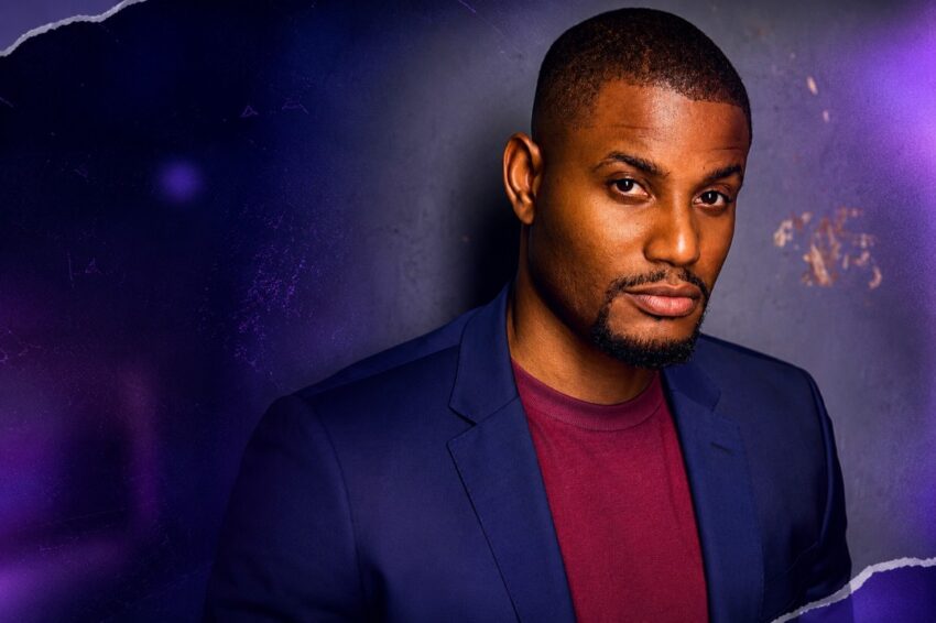 Nollywood actor Alex Ekubo in a cinematic portrait styled with dark blue and purple entertainment blog aesthetics