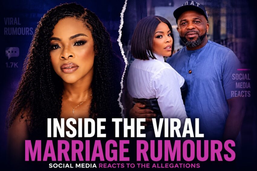 Laura Ikeji and husband Ogbonna Kanu featured in a dramatic entertainment-style thumbnail amid viral marriage rumours online