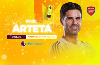Arsenal manager Mikel Arteta celebrating after being named Premier League Manager of the Season.