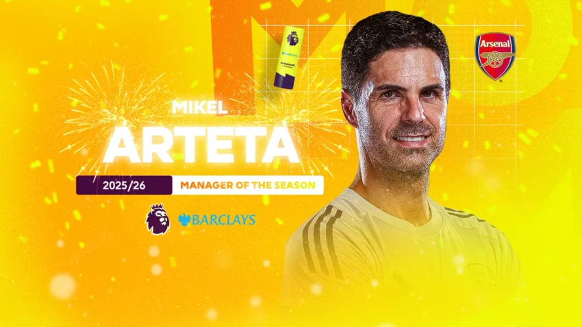 Arsenal manager Mikel Arteta celebrating after being named Premier League Manager of the Season.