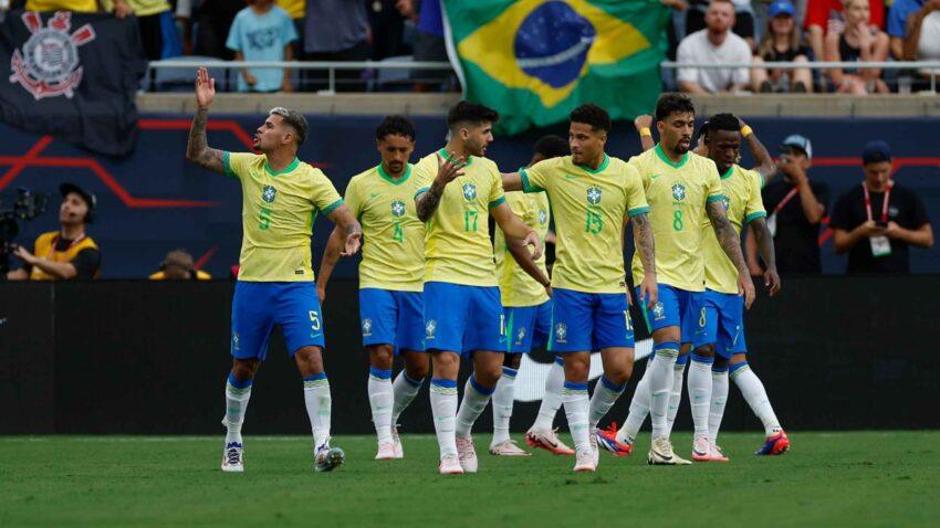 Brazil national football team players celebrating during an international match