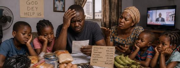 A Lagos father sits with his wife and four children while reviewing household expenses amid Nigeria's rising cost of living.