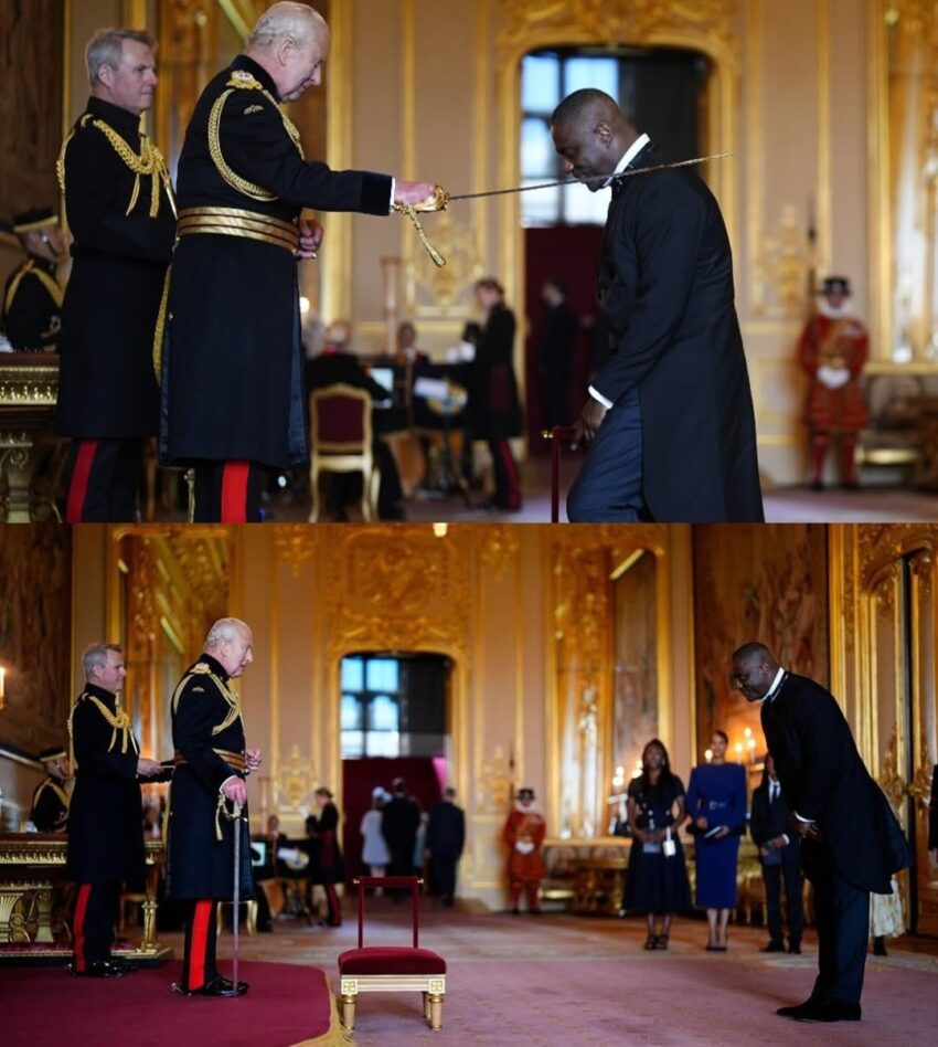 Idris Elba receiving a knighthood from King Charles III during an investiture ceremony at Windsor Castle.