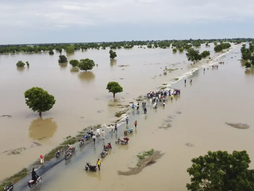 Floodwaters cover roads in Ajah and Mafoluku after heavy rainfall in Lagos.