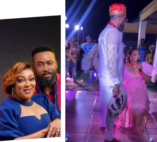 Peggy Ovire speaking about Frederick Leonard in a resurfaced wedding video that has sparked reactions online.