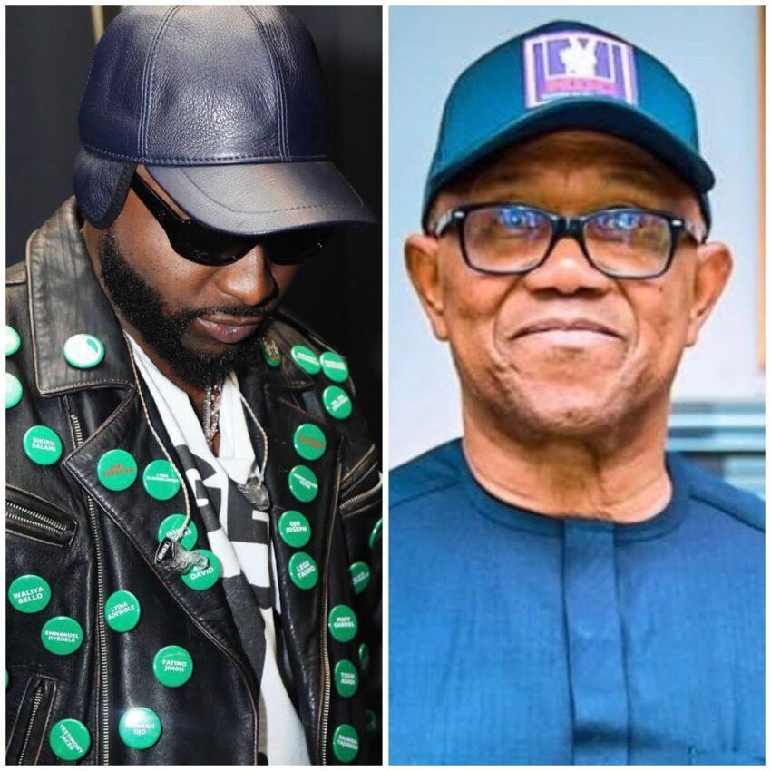 Davido wearing a custom jacket highlighting abducted Oyo schoolchildren as Peter Obi commends the gesture.