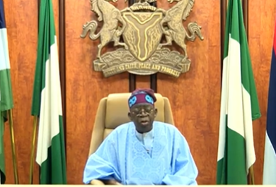 President Bola Tinubu delivering his Democracy Day 2026 national broadcast.