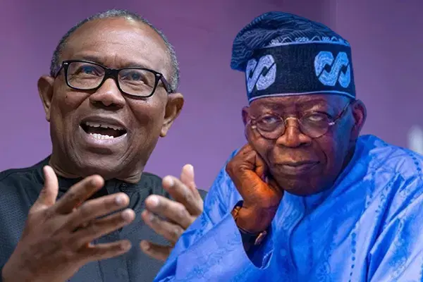 A graphic showing prediction market odds for Nigeria’s 2027 presidential election featuring Bola Tinubu and Peter Obi.