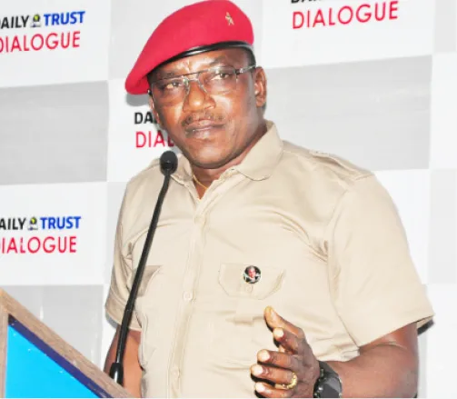 Former Sports Minister Solomon Dalung addressing the media while questioning the Presidency's explanation of the alleged fake presidential agency.