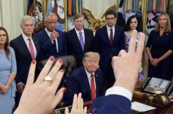 Donald Trump speaks to reporters in the Oval Office after announcing restrictions on CNN, MS NOW and Politico